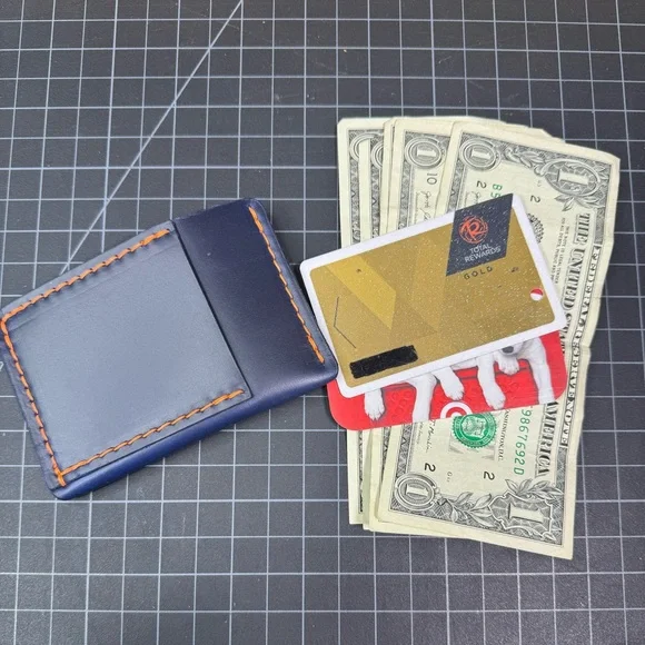Ultra slim wallet minimalist travel -Horween (American leather) blue & orange - Picture 5 of 9